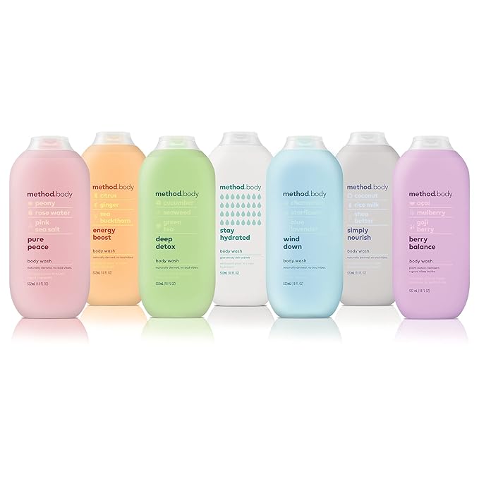 method Body Wash, Wind Down - Leaves Skin Feeling Soft & Moisturized, Made Without Parabens, Notes of Chamomile, Starflower & Blue Lavender, 18 fl oz - 3 pack