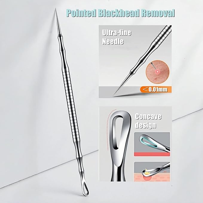 Blackhead Remover & Pimple Extractor Kit Dual-Ended Skin-Friendly Design for Sensitive Skin Professional Pore Cleanse & Acne Home Facial Care Tools with Stainless Steel Scraper (Blue-with Needle)