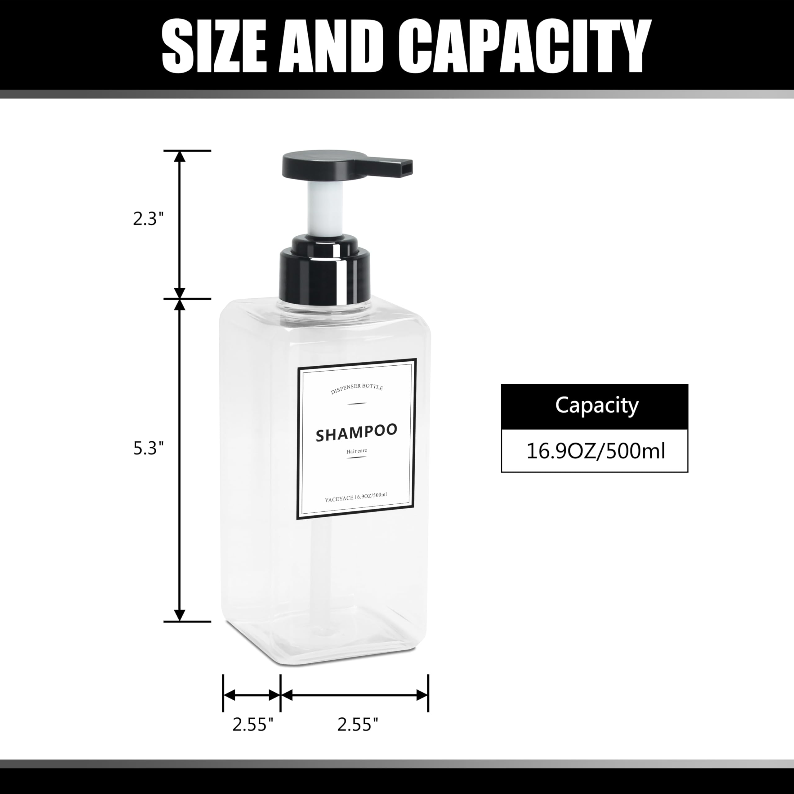Soap Dispenser Set, YACAYACE 16.9oz Clear Shampoo and Conditioner
