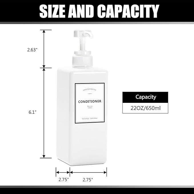 YACEYACE Shower Dispenser Set, 3 White Refillable Bottles, 22oz Large, Shampoo, Conditioner, Body Wash