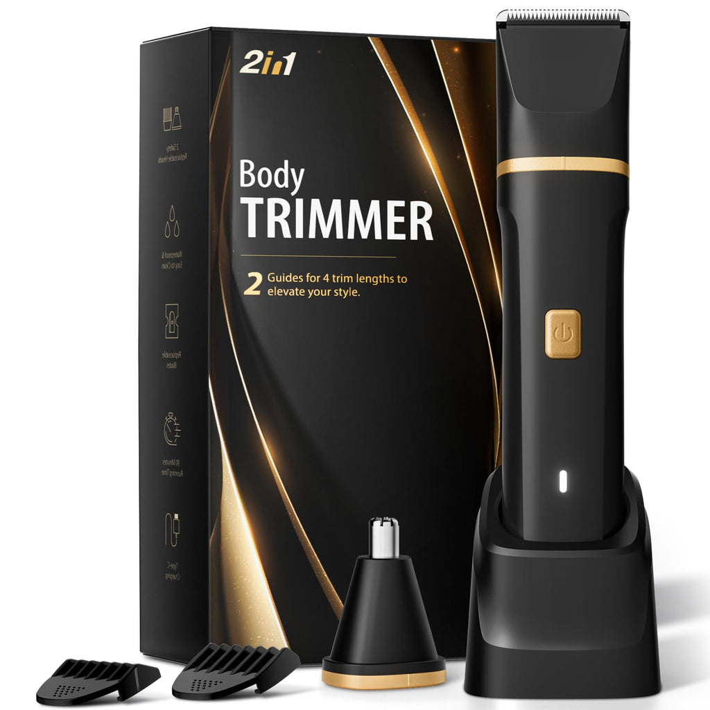 Risina Body Trimmer for Men, 2-in-1 Groin & Body Hair Trimmer, IPX7 Waterproof Electric Razor, Ball & Pubic Hair Trimmer for Private Areas, Ceramic Blade Body Shaver, Rechargeable Grooming Kit