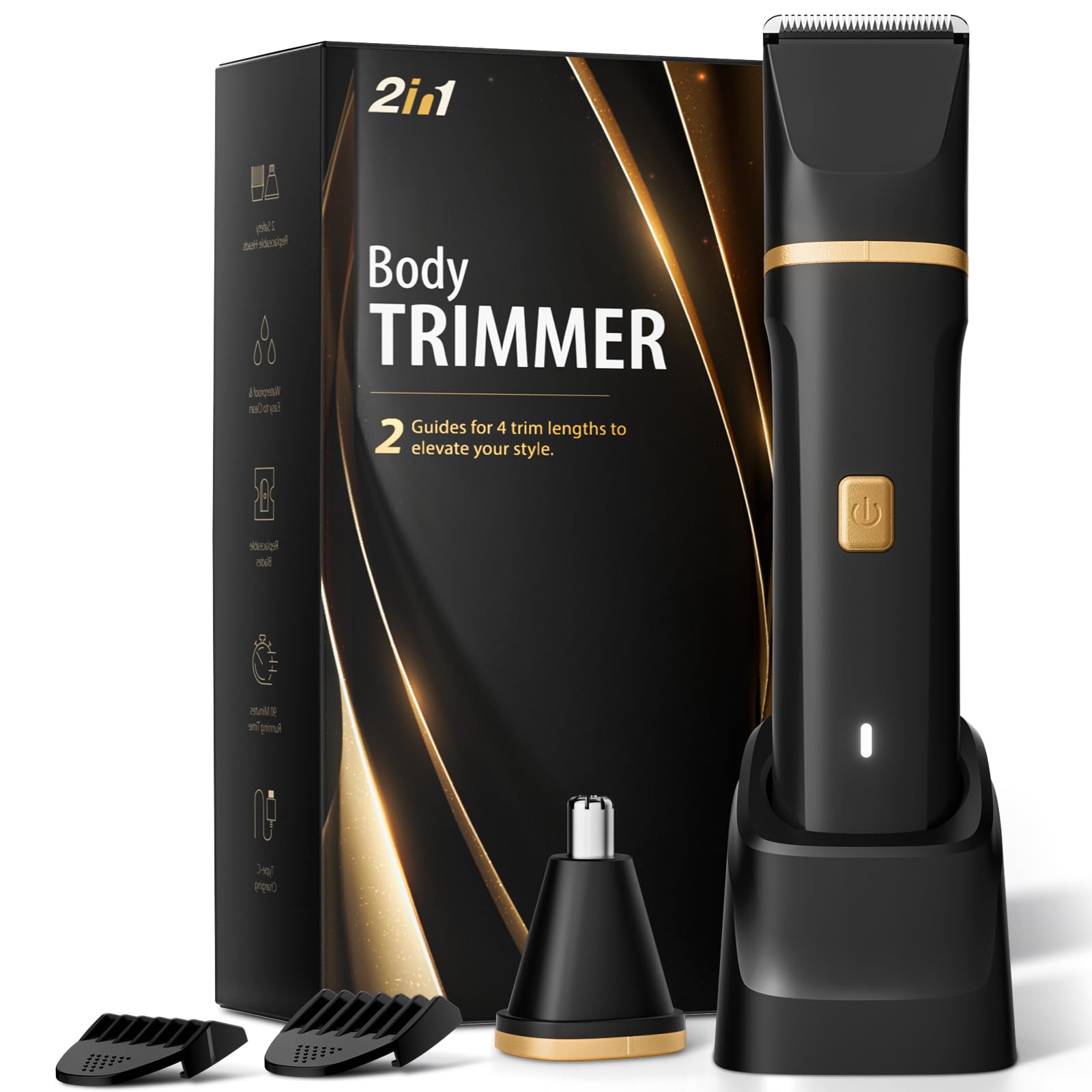 Risina Body Trimmer for Men, 2-in-1 Groin & Body Hair Trimmer, IPX7 Waterproof Electric Razor, Ball & Pubic Hair Trimmer for Private Areas, Ceramic Blade Body Shaver, Rechargeable Grooming Kit