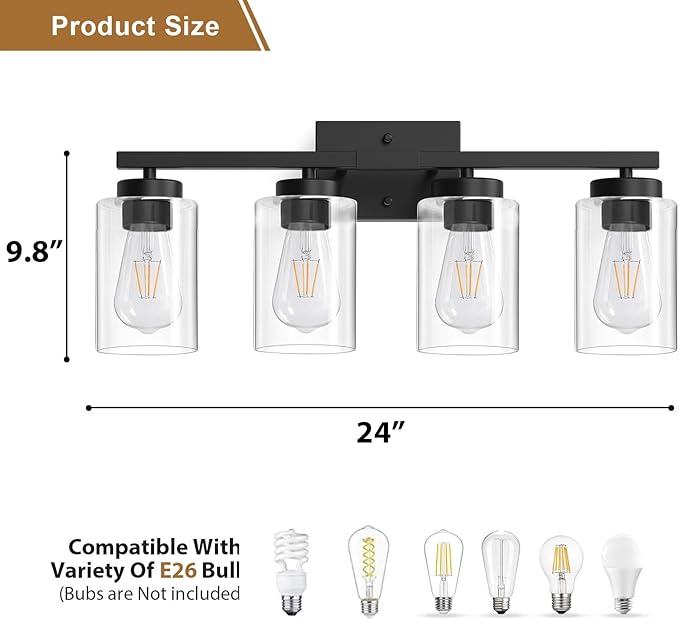 IZORRO Modern Bathroom Light Fixtures, 4 Light Black Vanity Lights, Bathroom Lighting Fixtures Over Mirror with Clear Glass for Living Room Cabinet Bedroom