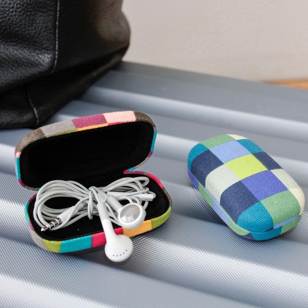 Kikkerland Multi Color Plaid Print Small Travel Portable Compact Organizer Case Container for Earbuds, Jewelry, Loose Change