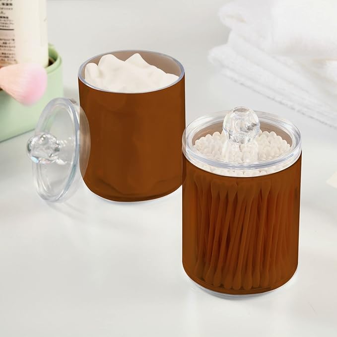 Saddle Brown Qtip Holder Organizer Dispenser Cotton Swabs Cans Plastic Jars with Lid Set 2 Pack Bathroom Storage Canister for Cotton Ball Floss Cotton Pads