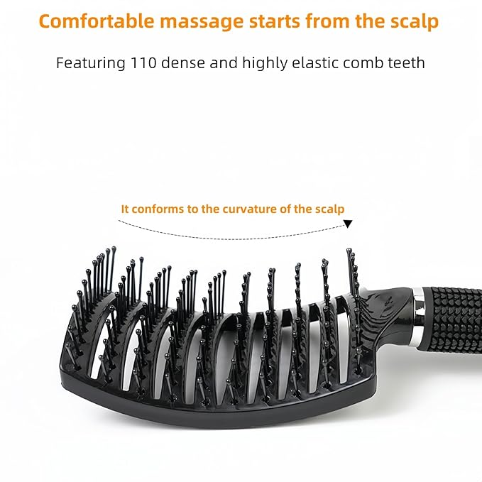 Professional Hair Brush, Curved Vented Design for Quick Blow Drying, Suitable for Women and Men, Paddle Detangling Brush for Wet & Dry, Curly, Thick & Straight Hair (Black-Nylon)
