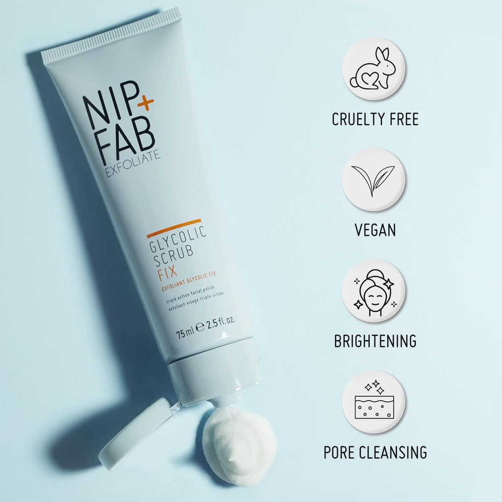 Nip + Fab Glycolic Fix Scrub (2.5 fl oz) – 3% Glycolic Acid 3-in-1 Facial Exfoliator – Brightening AHA Face Scrub with Salicylic Acid for Smooth Radiant Skin
