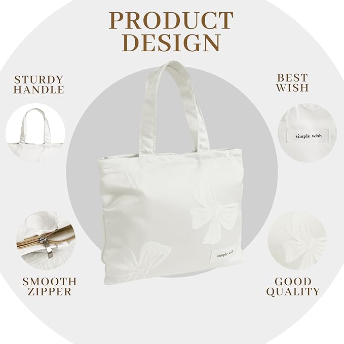 Wudygirl Makeup Bag Travel Cosmetic Bag for Women Small Makeup Pouch with Handle Zipper Cosmetic Pouch Handbag Aesthetic 8.3" x 6.7"(White Bow)