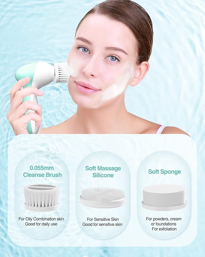 Facial Cleansing Brush for Women, 3-in-1 Face Cleanser and Exfoliator Brush with 3 Brush Heads, 2 Speeds, Battery Operated Waterproof Spin Brush, Portable Travel Case, Perfect Valentine's Day (Green)