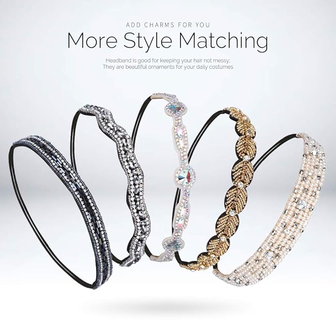 Teenitor 5 Pcs Elastic Rhinestone Beaded Headbands, Jeweled Head Bands for Women's Hair, Hair Headbands Hat Bands for Women