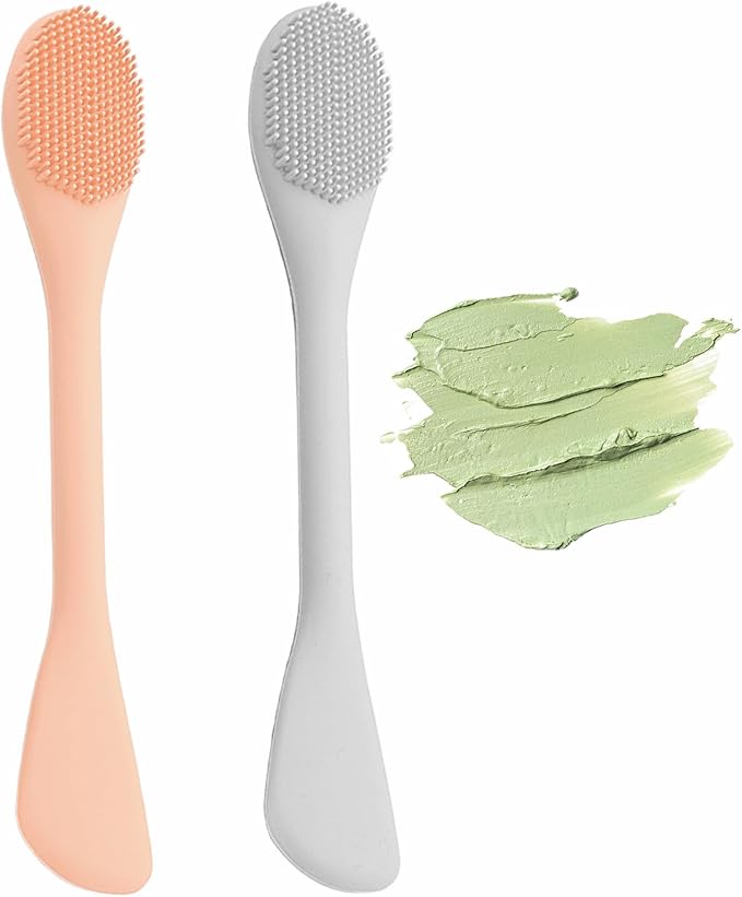 Silicone Face Mask Brush, Soft Facial Cleansing Scrubber, 2 Pcs Double-End Facial Mask Brush for Mud, Clay, DIY, Skincare Applicator Tools (Khaki and Grey)