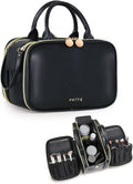Prite Makeup Bag for Women, Large Capacity Waterproof Travel Cosmetic Organizer, Portable Open Flat Toiletry Bag with Free-standing Brush Holder and Handle(Black Medium)