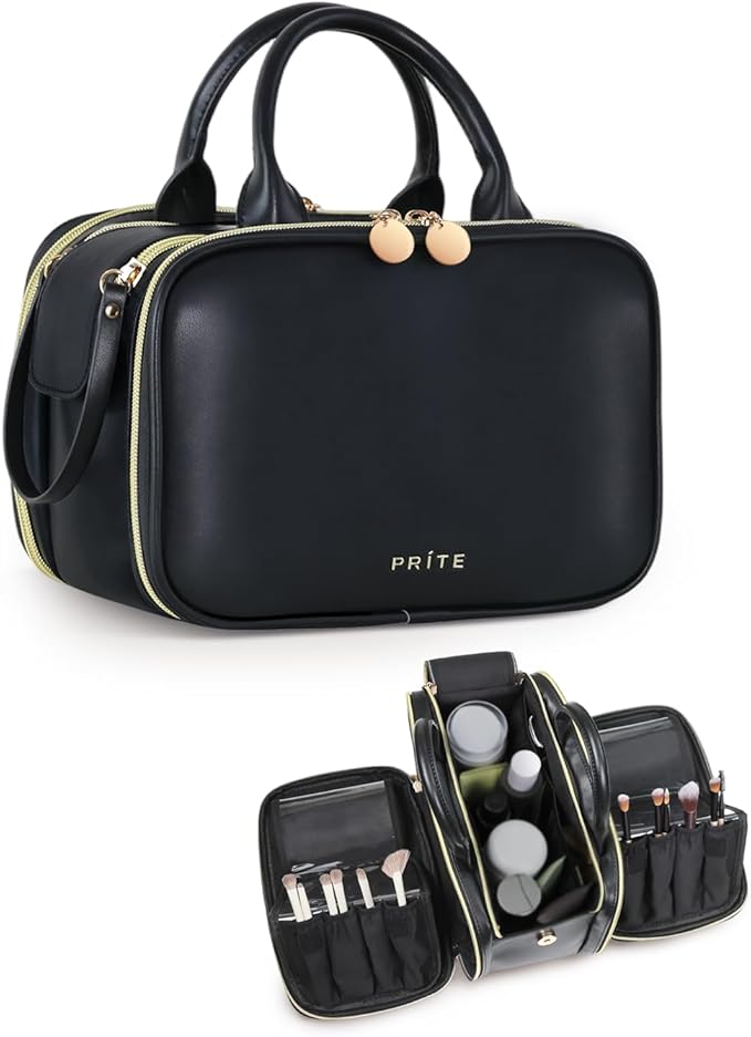 Prite Makeup Bag for Women, Large Capacity Waterproof Travel Cosmetic Organizer, Portable Open Flat Toiletry Bag with Free-standing Brush Holder and Handle(Black Medium)
