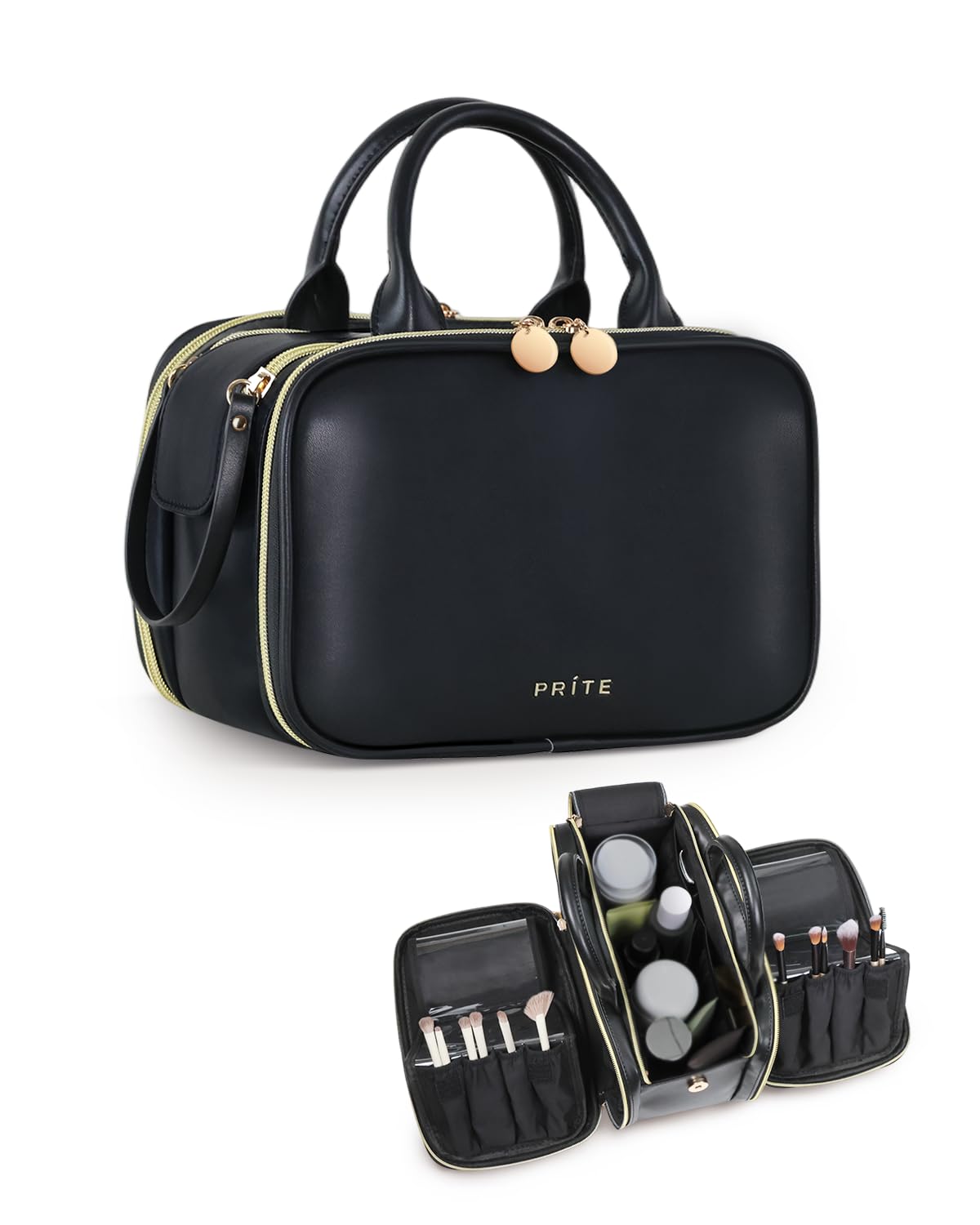 Prite Large Makeup Bag, Waterproof Travel Cosmetic Case with Brush Holder