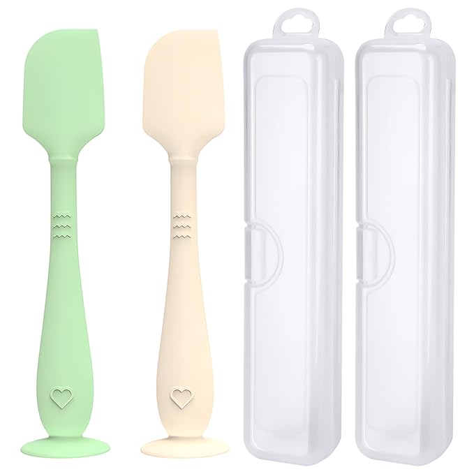 2 Pack Diaper Cream Spatula with Hygienic Travel Case, Butt Spatula Baby with Suction Base, Baby Butt Paste Spatula, Soft Silicone Diaper Rash Cream Applicator Large Size (Green & Offwhite)
