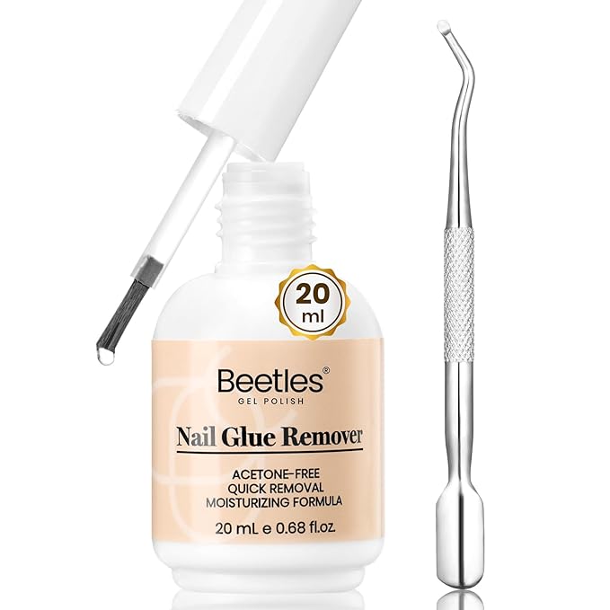 Beetles Nail Glue Remover with Cuticle Tool, 1 Pcs 20ml Press on Nail Remover Non-Acetone Adhesive for False Nail Tips Gentle Formula Not for UV Nail Glue Gel