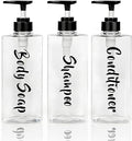 AUMIO 16.9oz Clear Shampoo and Conditioner Dispenser Set of 3, Refillable Empty Shampoo Bottles with Pump for Shower, Printed Plastic Soap Dispenser for Bathroom, Rectangular Body Wash Container Sets
