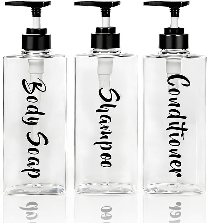 AUMIO 16.9oz Clear Shampoo and Conditioner Dispenser Set of 3, Refillable Empty Shampoo Bottles with Pump for Shower, Printed Plastic Soap Dispenser for Bathroom, Rectangular Body Wash Container Sets