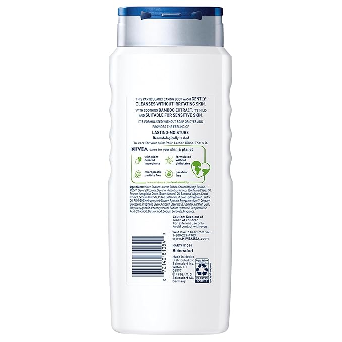 NIVEA MEN Sensitive Body Wash with Bamboo Extract, Moisturizing Body Wash for Sensitive Skin, Soap Free Shower Gel for Men with No Drying Alcohol, 16.9 Fl Oz Bottle, Pack of 3