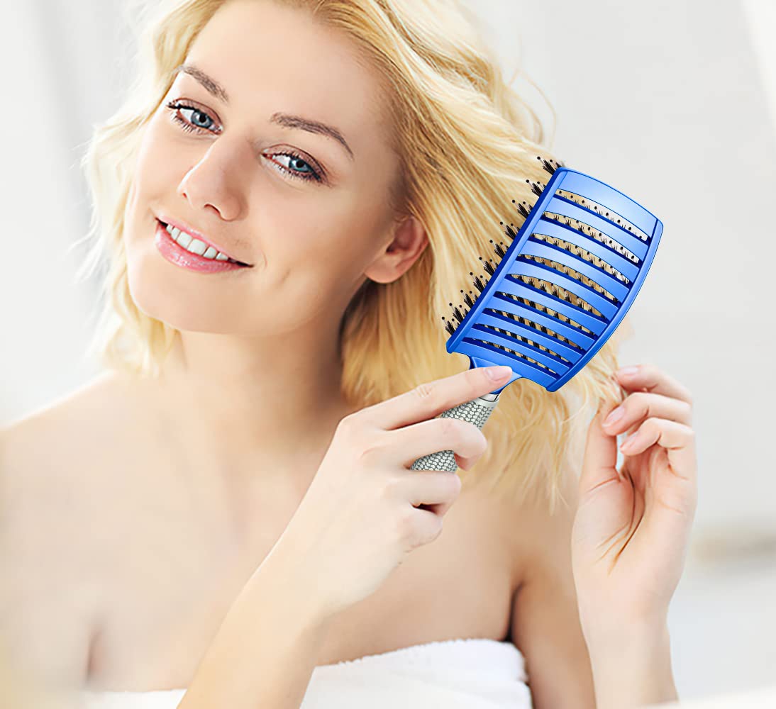 KTKUDY Detangling Brush Boar Bristles Hairbrush Make Hair Shiny & Healthier Curved and Vented Detangler Brush for Women Men Kids Wet and Dry Hair (Blue)