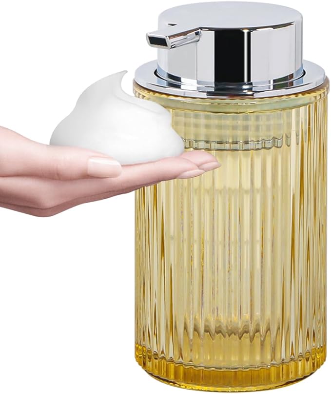 Tonxus Foaming Soap Dispenser, 12 Oz Amber Glass Foam Hand Soap Dispenser, Refillable Glass Foam Pump Bottle Container Decorative Slim Ribbed Bottle for Bathroom and Kitchen