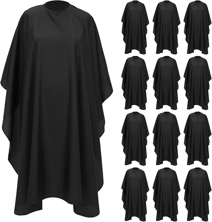 Kifmurase 12 Pcs Barber Cape with Adjustable Snap Closure, Hair Cutting Cape, 59 x 47 Salon Apron for Women Men, Professional Hair Cutting Salon Capes for Hairstylist Hair Dye, Black