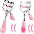 2 Pcs Stainless Steel Eyelash Curler with Built-in Comb Pinch Pain-Free Suitable for Any Eye Shapes and Sizes, with 4 Silicone Refill Pads（Hazy Pink&Light Pink）