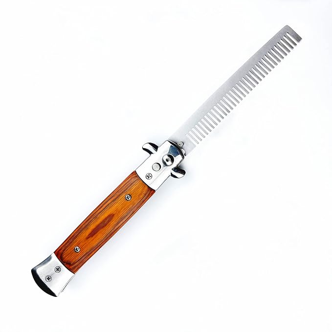 Folding Pocket Comb, Stainless Steel Beard Comb for Men, Switchblade Fine Tooth Mustache Combs Designed for Hair Salon Beauty Tool (Wood Color)