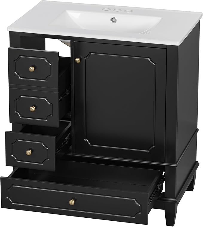 30" Bathroom Vanity with Sink, Harper & Bright Designs Free Standing Single Vanity Set with 3 Drawers and One Door with Storage Racks, Solid Wood Storage Cabinet with Ceramic Basin for Bathroom, Black