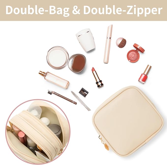 XIAOLER Small Makeup Pouch, Double Zipper Cosmetic Bag, Travel Makeup Bag, Cute Makeup Bag for Purse, Mini Toiletry Bag (sand)