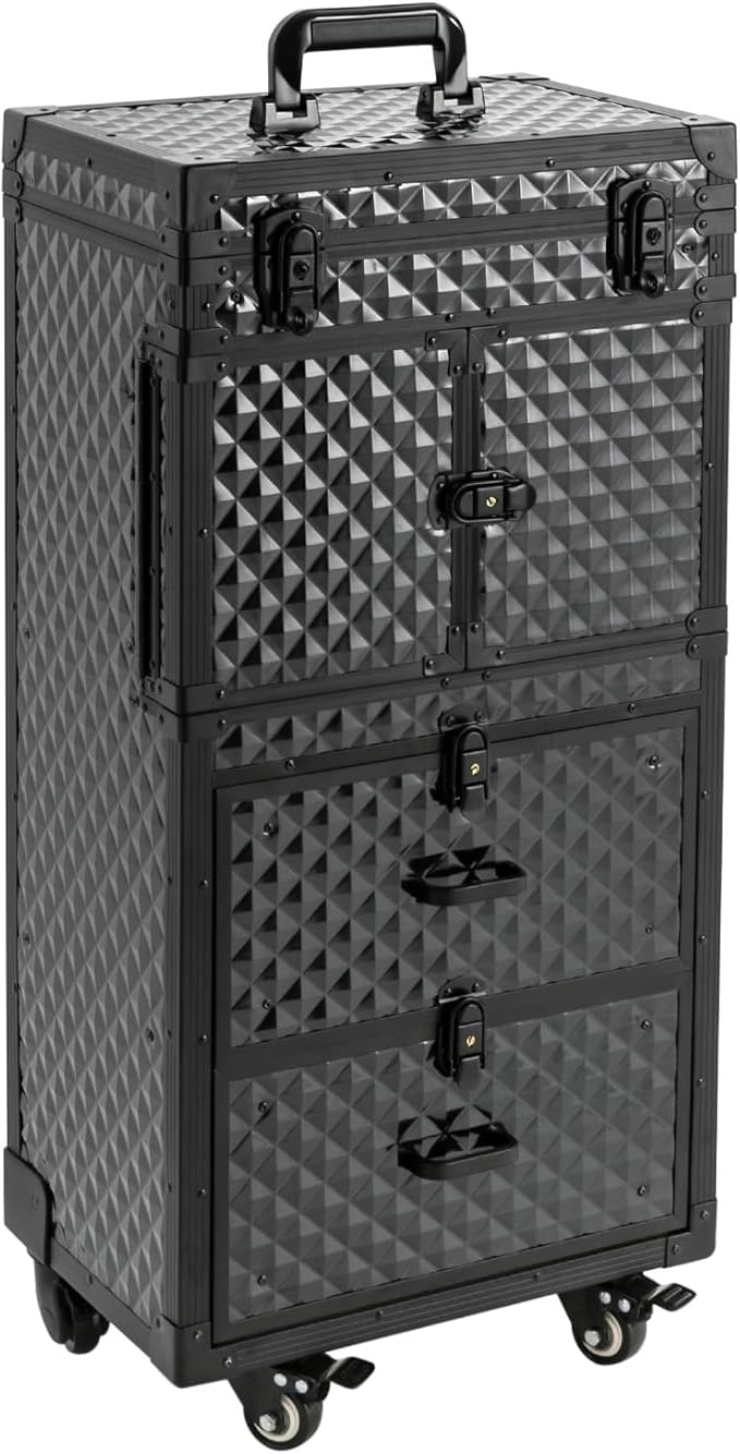 QUEWATSA Rolling Makeup Case Large Storage Cosmetic Trolley, Rolling Lockable Makeup Train Case, Stylist Beauty Salon Cosmetic Luggage Travel Organizer Tool Box with Hair Dryer Holder