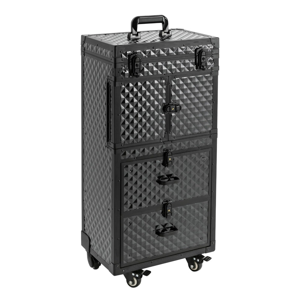 QUEWATSA Rolling Makeup Case Large Storage Cosmetic Trolley, Rolling Lockable Makeup Train Case, Stylist Beauty Salon Cosmetic Luggage Travel Organizer Tool Box with Hair Dryer Holder