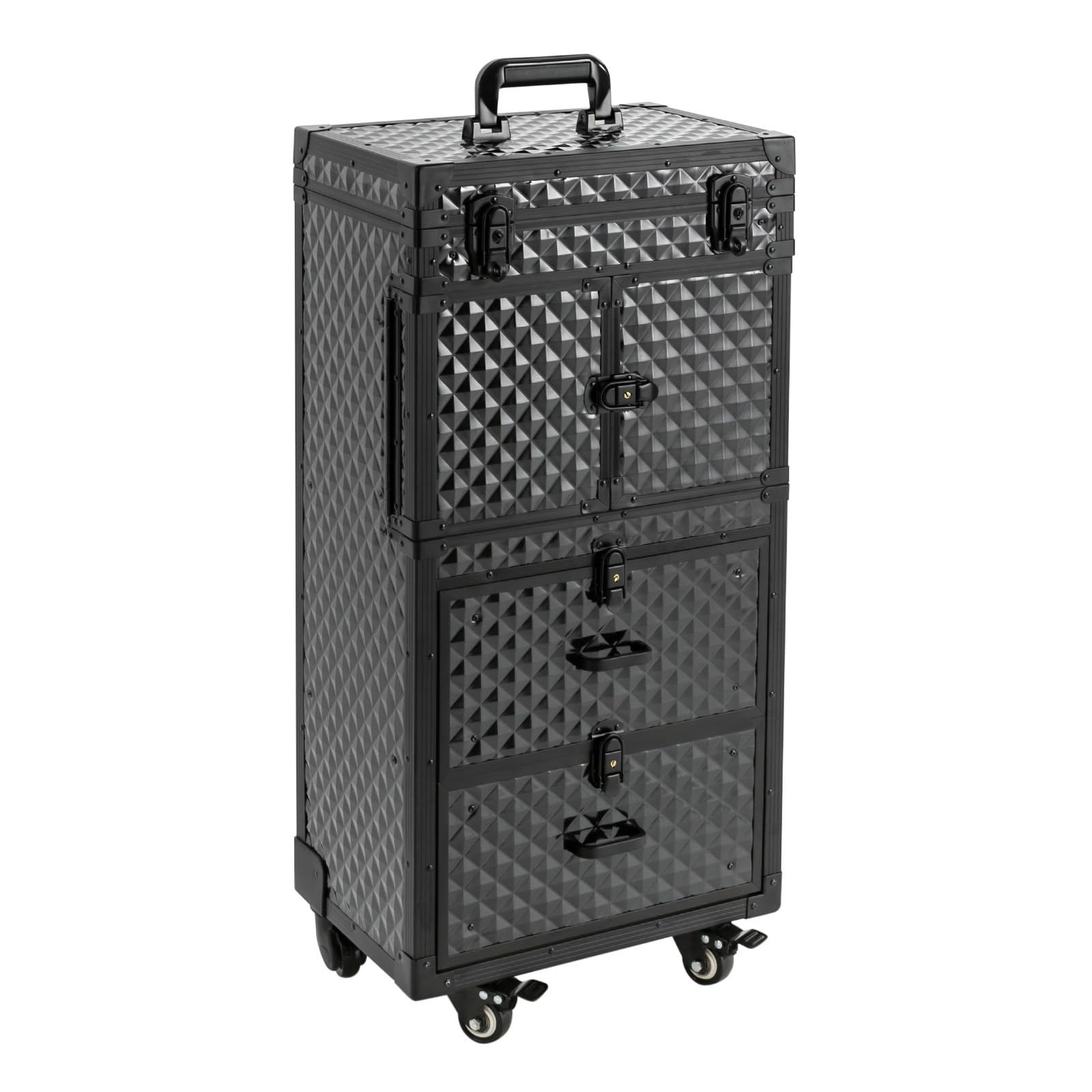 QUEWATSA Rolling Makeup Case Large Storage Cosmetic Trolley, Rolling Lockable Makeup Train Case, Stylist Beauty Salon Cosmetic Luggage Travel Organizer Tool Box with Hair Dryer Holder