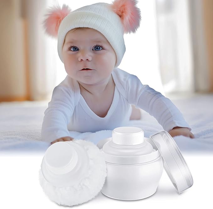 Cunhill 4 Pcs Body Powder Puff and Container Portable Body Powder Container with Puff Case Soft Washable Reusable Face Wet Dry Makeup for Baby Women Dusting Bath Travel Home Use