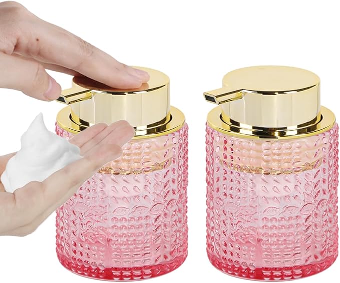 Fvstar 2pcs Glass Foaming Soap Dispenser, Pink Bathroom Foam Hand Soap Dispenser with Gold Pump, Refillable 10 Oz Lotion Shampoo Pump Dish Bottle Container for Bathroom Kitchen Decor