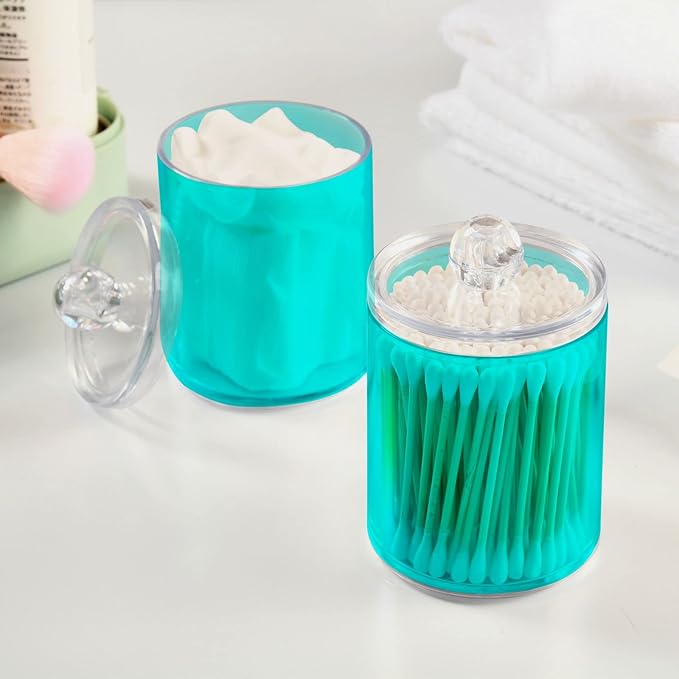 Teal Green Qtip Holder Organizer Dispenser Cotton Swabs Cans Plastic Jars with Lid Set 4 Pack Bathroom Storage Canister for Cotton Ball Floss Cotton Pads