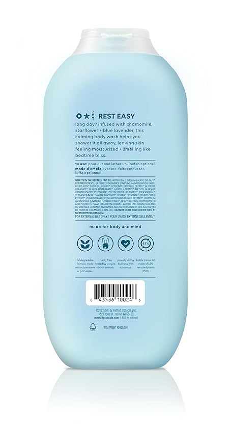 method Body Wash, Wind Down - Leaves Skin Feeling Soft & Moisturized, Made Without Parabens, Notes of Chamomile, Starflower & Blue Lavender, 18 fl oz - 3 pack