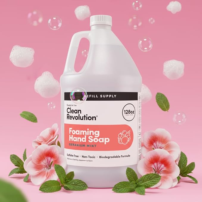 Clean Revolution Foaming Hand Soap, Gentle, Moisturizing, Ready To Use Formula, Real Essential Oils, Gluten Free, Geranium Mint, 128 Fl Oz