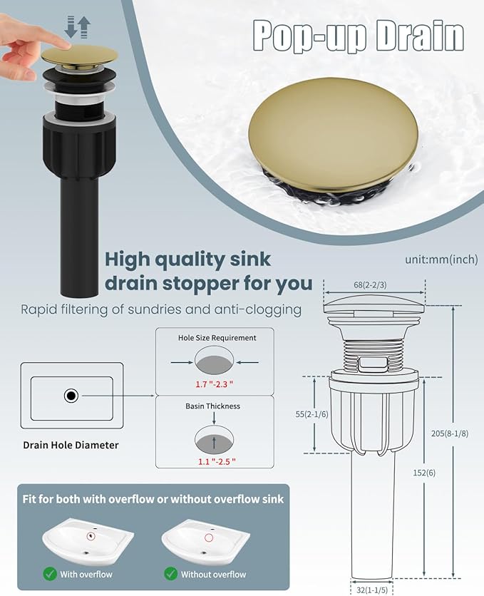 Bathroom Faucet, Brushed Gold Bathroom Sink Faucets & Parts(Pop-up Drain+6" Escutcheon Plate+Supply Hoses), Vanity Faucet for Vessel Sink, llaves para lavamanos de baño