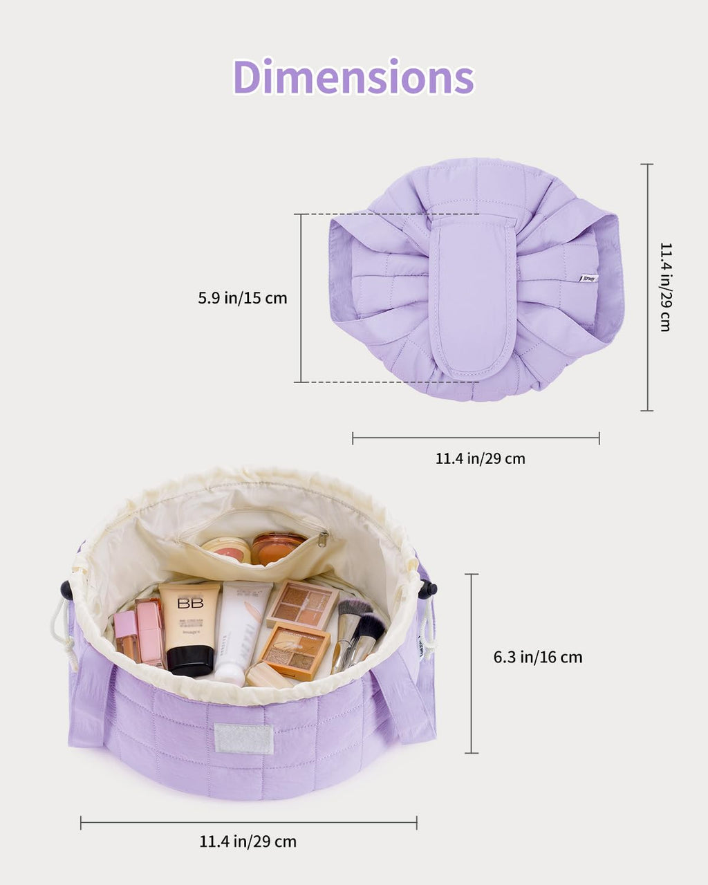 Narwey Quilted Drawstring Makeup Bag, Large Cosmetic Bag Cute Make up Bags Toiletry Bag Travel Bags for Toiletries Organizer for Women Gift for Teen Girls (Purple) (Patent)
