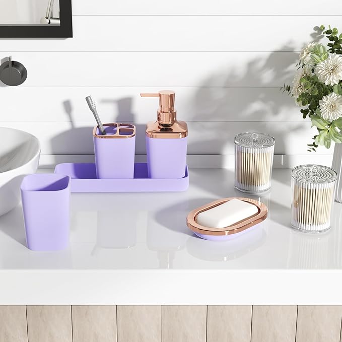 XLHOMO Bathroom Set, 9PC Bathroom Accessory Set, Purple Bathroom Accessories, Purple Bathroom Set, Trash Can, Soap Dispenser for Home Decor