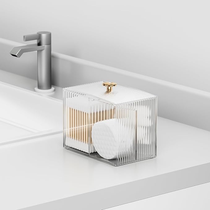 3 Slots Clear Plastic Q Tip Holder for Bathroom with Lid & Non-slip Pads