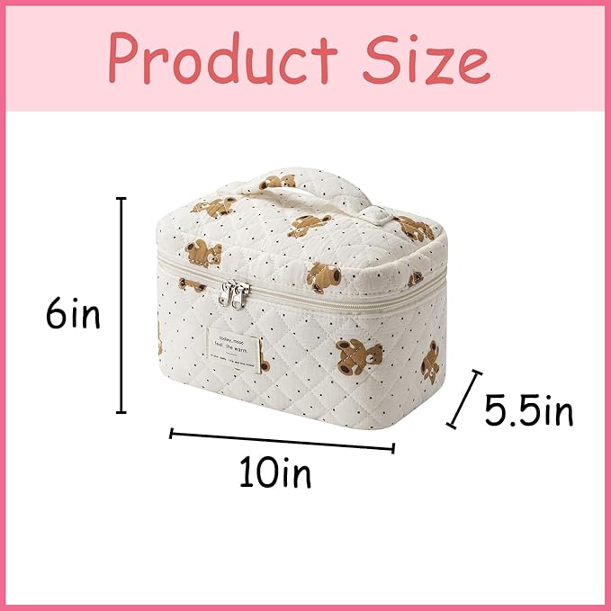 uekeboag Large Travel Quilted Makeup Bag for Women, Floral Cotton Cosmetic Bag, Coquette Aesthetic Floral Toiletry Organizer Bag(Dot Bear