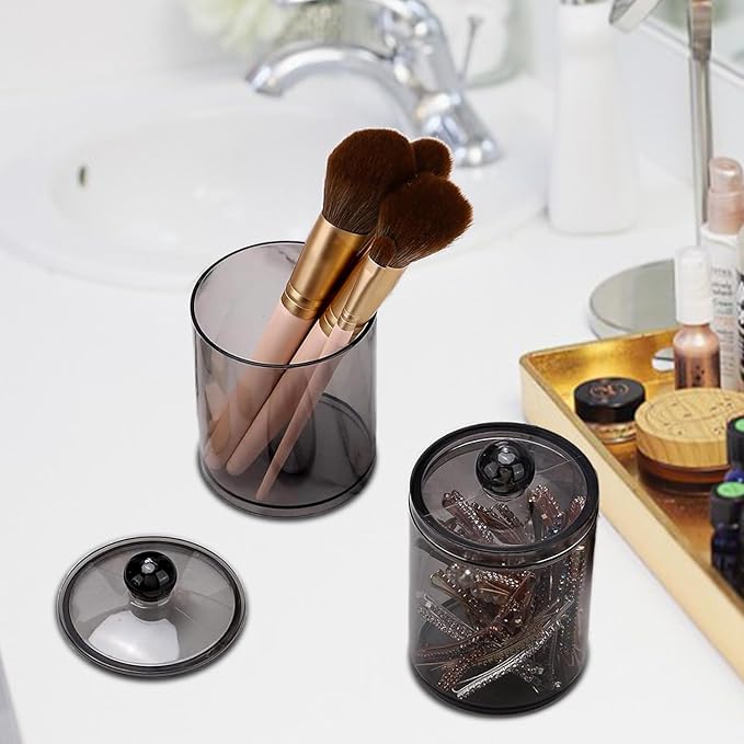 3 Pack Cotton Buds Dispenser, Pad Holder, 10 oz Clear Black Cotton Swab Holder Round Holder, Apothecary Jar Set Bathroom Canister Storage Organization for Ball, Round Pads