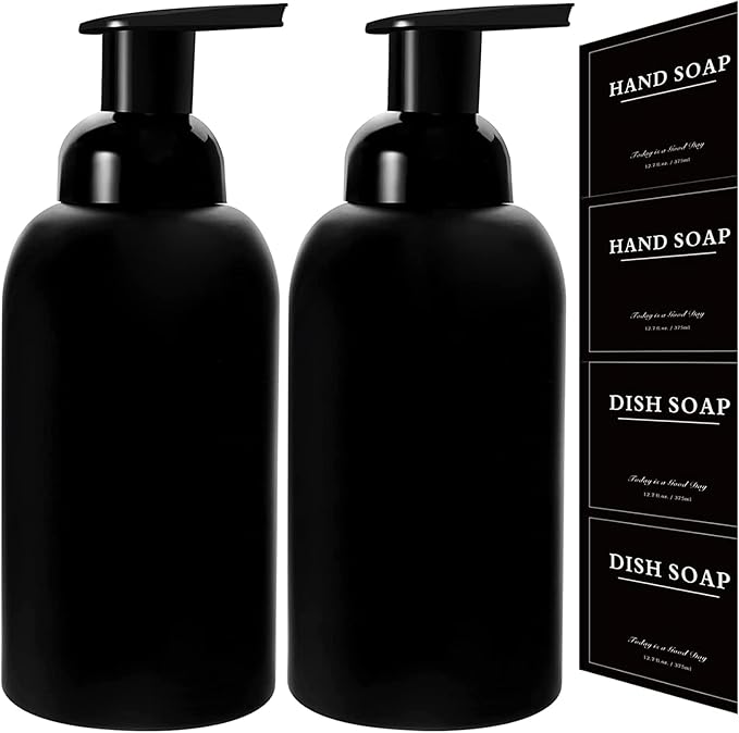 rejomiik 2 Pack Foaming Thick Glass Foam Hand Soap Dispenser for Bathroom or Kitchen Sink, 13 oz Pump Bottles for Hand soap, Body Wash, Matte Black