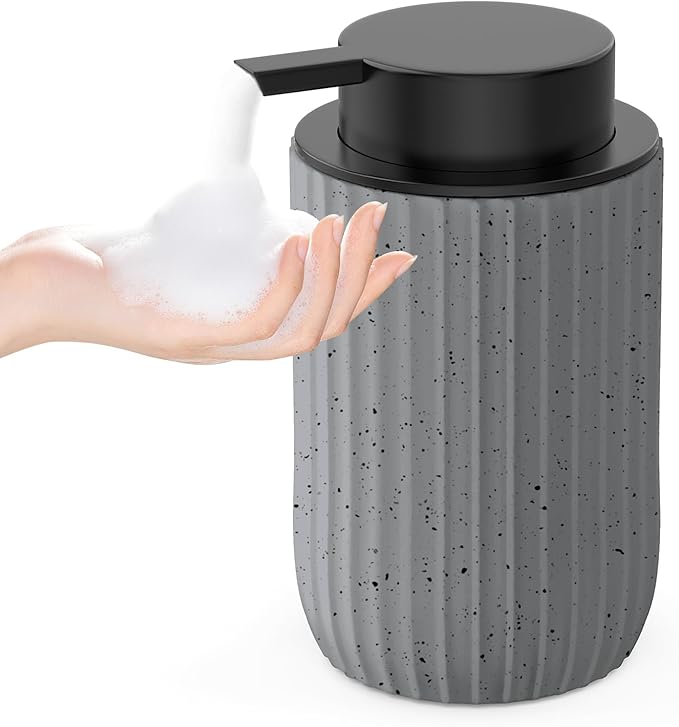POSOSTO Ceramic Foaming Hand Soap Dispenser，12 oz Bathroom Soap Dispensers， Lotion Dispenser for Kitchen, Refillable Matte Streaks Soap Dispenser with Large Pump (Gray)