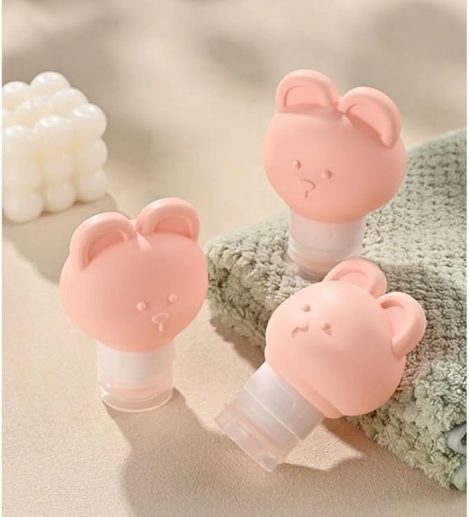 SIFRTOA Cute Bear Travel Bottles Set for Toiletries 3 Pack 2.8oz 80ML Leak Proof Silicone Containers for Conditioner Shampoo Lotion (Pink)