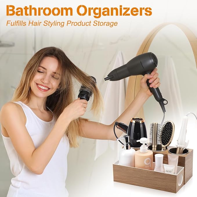 GFWARE Hot Hair Styling Tool Organizer with 3 Stainless Steel Cups, Wood