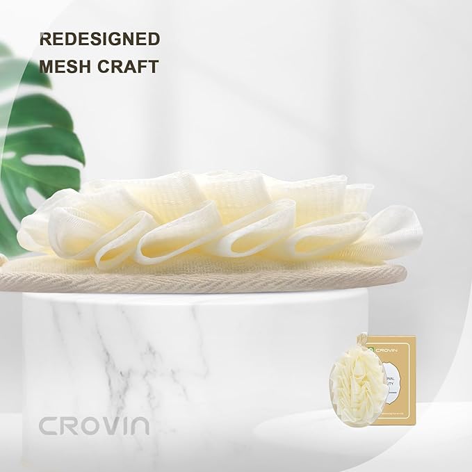 Crovin Bath Puff Shower Sponge - Premium Large 5x7 Exfoliating Pouf Mesh Sponge - 2 Count Loofahs Shower Scrubber for Men and Women-Elastic Hand Strap Body Scrub to Soothe, Cleanse Your Body