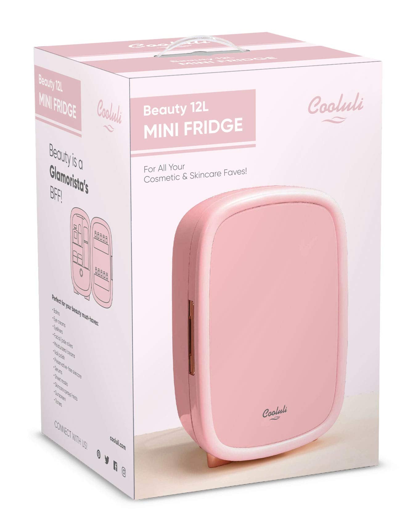Cooluli Beauty 12L Makeup Fridge - Pink Mini Fridge for Skin Care Accessories, Cosmetics and Facial Masks Storage - Interior LED Lights - for Women & Teen Girls Room